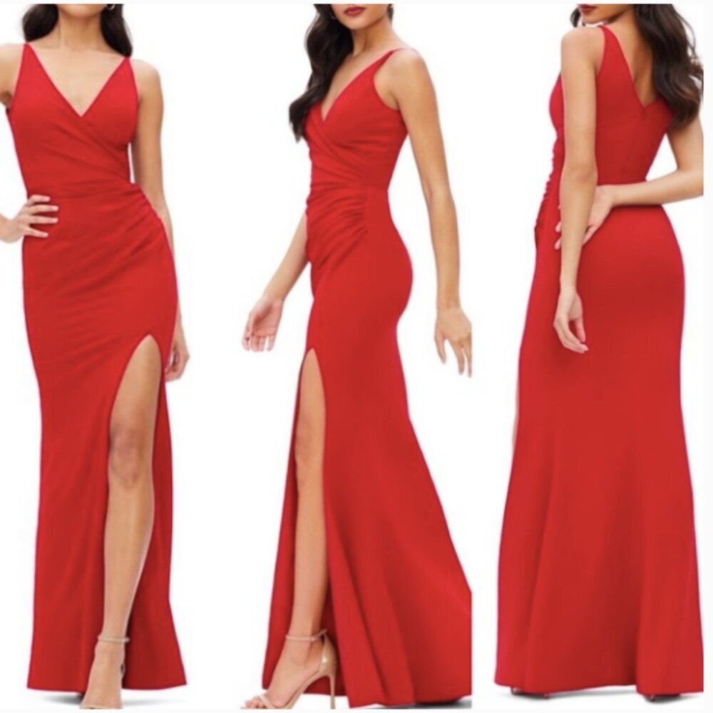 DRESS THE POPULATION Jordan Ruched Side Slit Gown Rouge Red NWT XXL Women Long